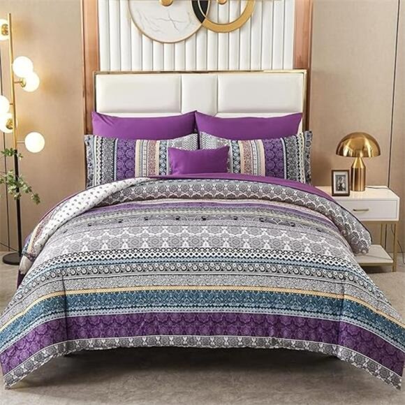 Boho Comforter Set Queen Size,8 Piece Bed in a Bag Bohemian Striped Bedding - Picture 7 of 14